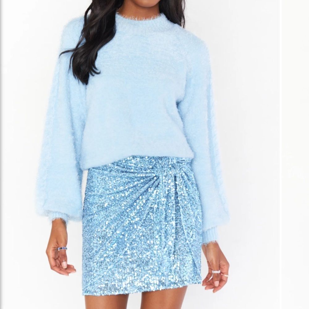 EUC Show me your Mumu Why Knot blue sequin mini skirt faux wrap small s